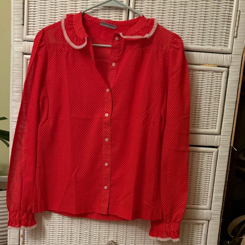 Red Button-Up Blouse with White Trim (60s/70s era)